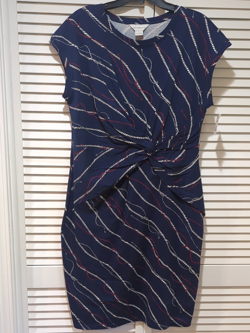 Liz Claiborne Navy Nautical Rope Print Twist Front Midi Sheath Dress Size L, NWT